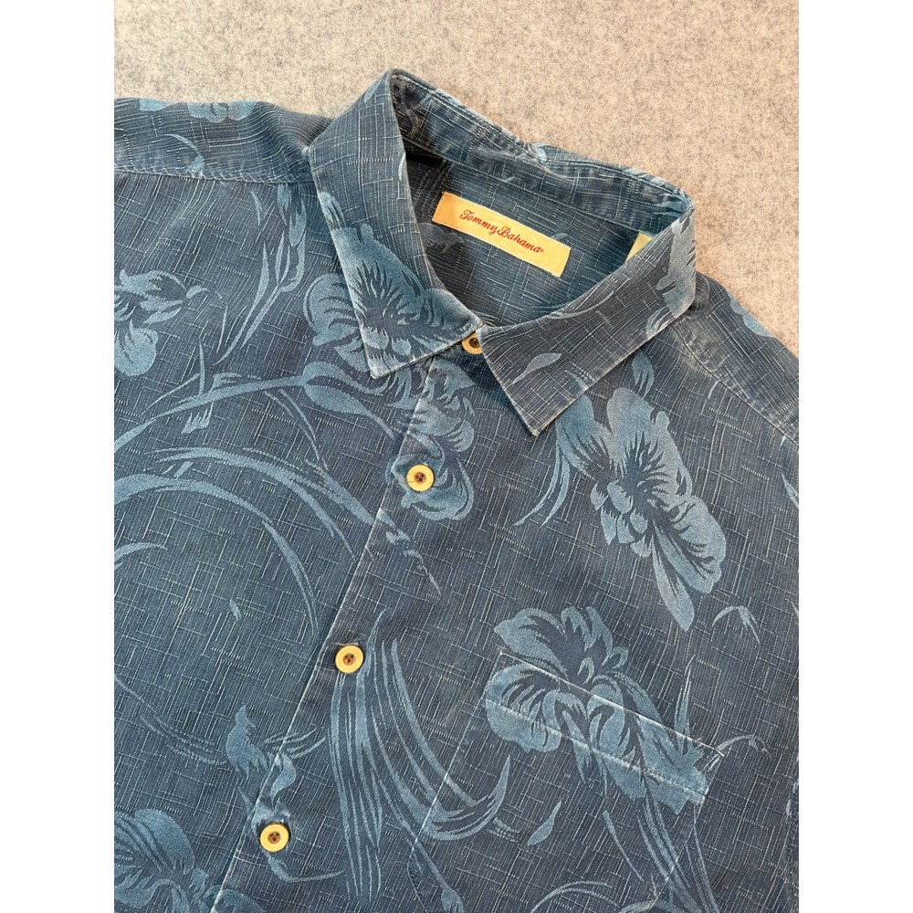 Tommy Bahama Mens Large Blue Silk Floral Jacquard Short Sleeve Button Down Shirt